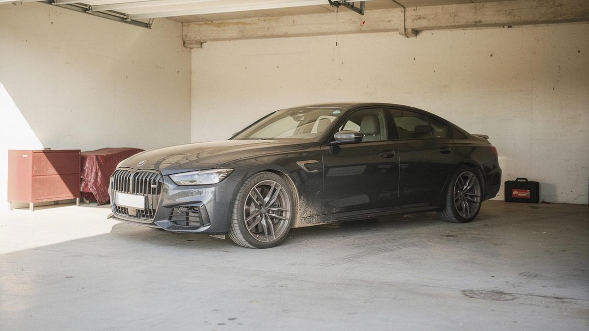 Performance sedan photographed inside a covered garage, used as a sample dossier illustration